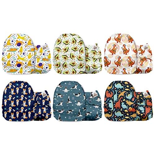 Mama Koala 3.0 Cloth Diapers for Babies with AWJ Lining, 6 Pack with 12 5-Layer Bboo(No Microfiber) Cloth Diaper Inserts - Reusable and Washable Pocket Diapers(12-My Warm Heart)