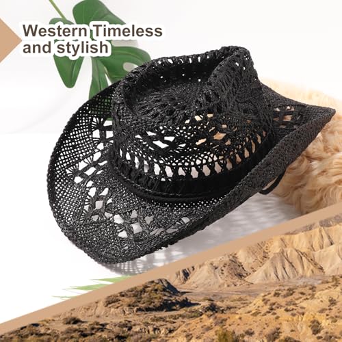 Image of DRESHOW Straw Cowboy Cowgirl Hat for Women Men Western Coastal Cowboy Beach Hat with Shapeable Brim Unisex Rolled up Caps