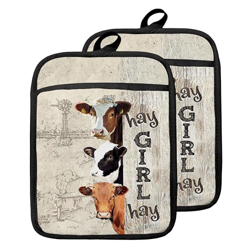 GOOZHO Hay Girl Hay Cow Pot Holders with Pockets, Gifts for Cow Lovers Women, Farmhouse Farm Animal Oven Pot Holders Heat Resistant Oven Mitts Hot Pads for Kitchen Baking Cooking
