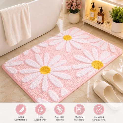 Image of Cotton Floral Door Mat | Water Absorbent, Anti-Skid, Machine Washable Floor Mat | Soft Microfiber Carpet for Home, Living Room & Bedroom | Premium Decorative Mat (Pink, Rectangular)