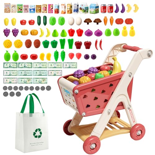 Image of Jovow 102pcs Kids Shopping Cart Trolley Play Set with Pretend Food and Accessories,Perfect for Ages 3+ Pretend Play and Role-Playing Games (Red)