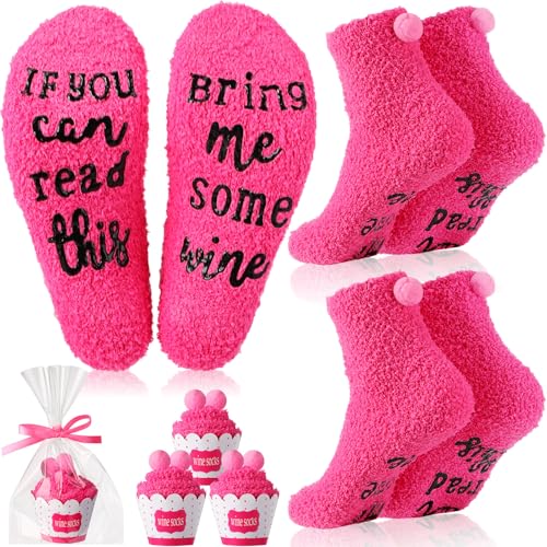 Image of Geyoga 4 Pair Valentine's Day Wine Socks Gifts for Women Wine Lovers Xmas If You Can Read This Cupcake Crew Socks(Neon Pink)