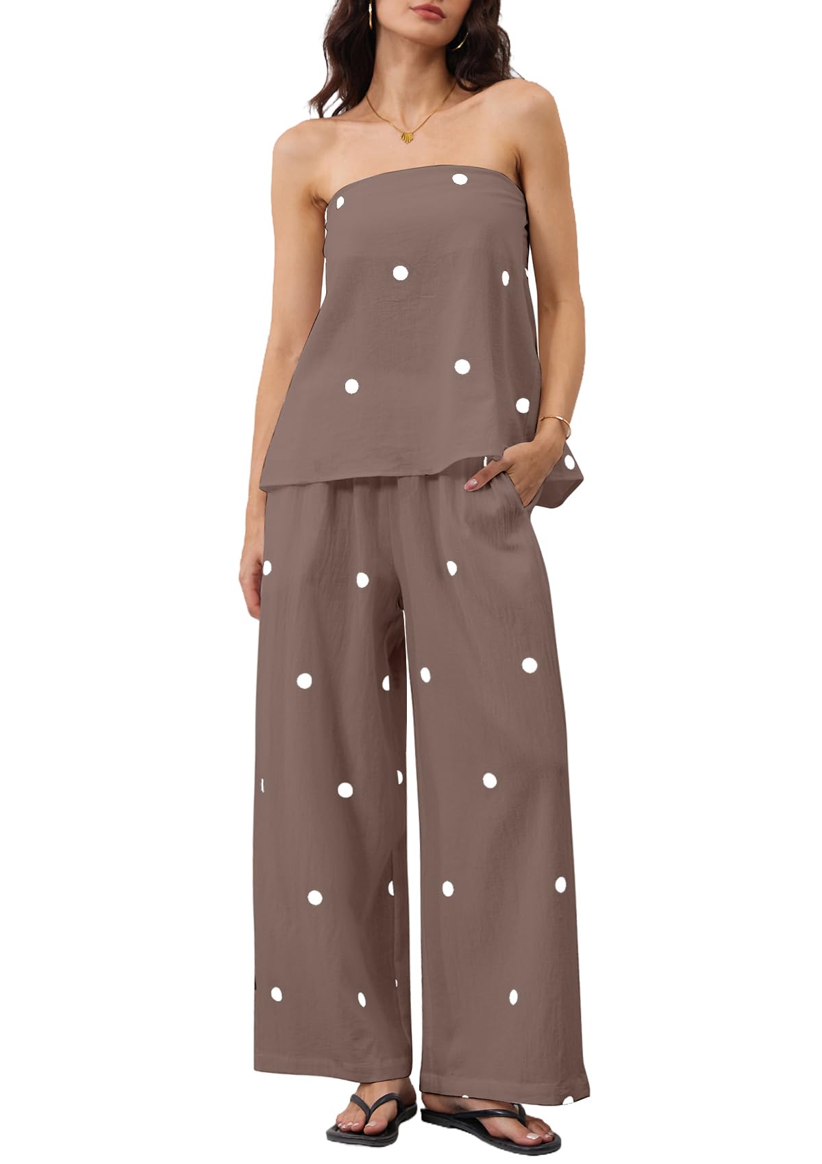 Photo 1 of MSBESYOR Women 2 Piece Polka Dot Tube Top Set Strapless Bandeau Blouse Wide Leg Spot Print Pants Outfits Summer Lounge Sets