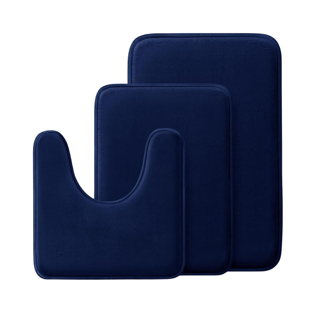 HOMES&STYLE 3 Piece Memory Foam Bath Mat Set, Non Slip, Absorbent & Quick Dry, Ultra Soft Rugs for Modern Bathroom (Blue)