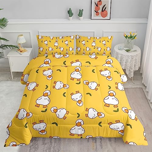 Axolotl Cartoon Twin Comforter Set, Kawaii Duck Quilt Pillowcases, Country Duck Goose Bedding Leaves for Kids, Yellow