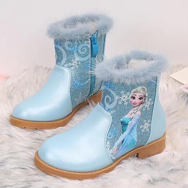 Girls Winter Ankle Boots with Frosty Princess Design, Light Blue3