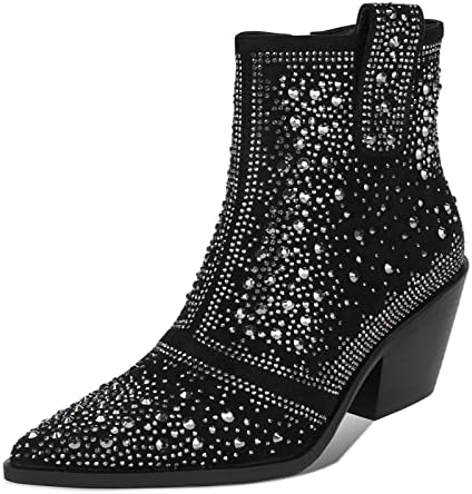 ISNOM Rhinestone Boots Cowboy Boots for Women, Sparkly Boots Short Cowgirl Boots Black Ankle Boots Block Heel Western Glitter Booties Crystal Rhinestone Combat Boots