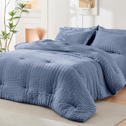Image of HYMOKEGE Nordic Blue Full Size Comforter Sets Seersucker 7 Pieces, All Season Luxury Bed in a Bag for Bedroom, Bedding Set with Comforter, Sheets, Pillowcases & Shams