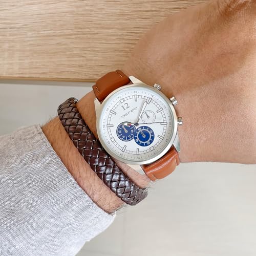 Image of Joker & Witch Leather Hawkeye Men Analogue Watch Bracelet Stack, White Dial, Brown Band