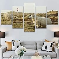 SIGNWIN 5 Panel Canvas Wall Art Modern Art Animals Cow Expressive Farmhouse/Country Multicolor Photography Sheep for Home Decorations Ready to Hang - 60