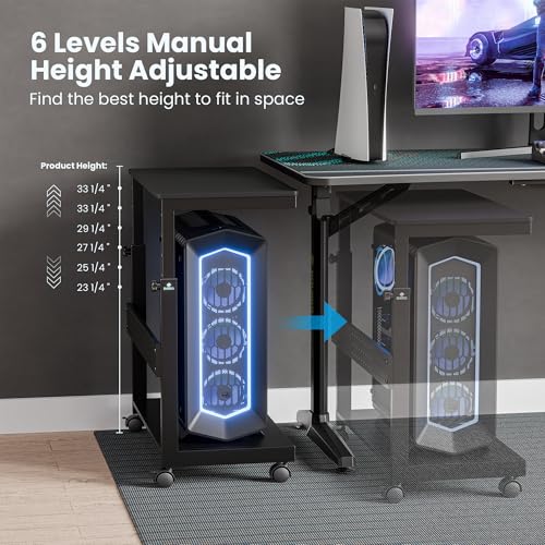 Image of EUREKA ERGONOMIC PC Stand Computer Cart, Height Adjustable Tower Stand 2-Tier Suit for ATX Case Printer, Metal Rolling Cart on Wheels for Gaming Home Office, Carbon Fiber