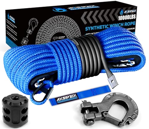 Synthetic Winch Rope Kit 1/4 x 50ft 10000LBS Blue Winch Cable with Protective Sleeve Forged Winch Hook Rubber Stopper and Safety Pull Strap for ATV UTV