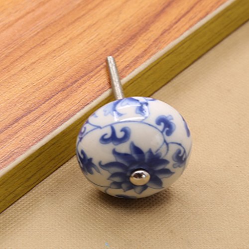 Baoblaze Cerâmica Única com Parafuso Azul e Branco Porcelana Puxadores Redondos Pintados à Mão Puxad