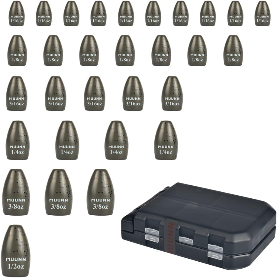 30Pcs Tungsten Fishing Weights Sinkers Kit, Tungsten Worm Weights Set Assortment Size with Fishing Tackle Box for Bass Fishing