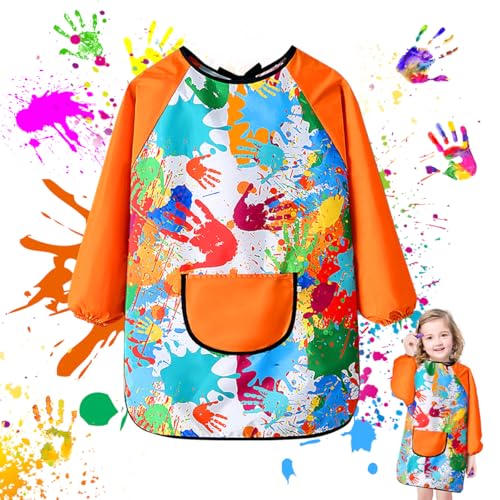 THMSLYN Delantal Pintura Niños, Delantal Impermeable de Manga Larga, Bata Pintura Niños, Delantal Infantil con Manga Larga, Bata de Arte para Niños con Bolsillos para Manualidades, Pintura, Cocina