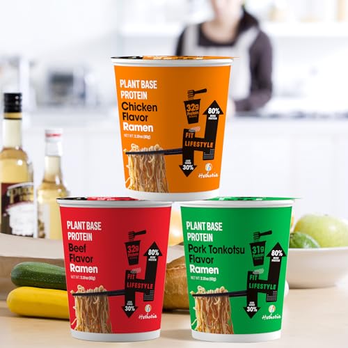 Image of Hethstia Instant Ramen Soup Cup, 6 Pack High-Protein Ramen Noodle Broth Variety Flavor (Chicken, Spicy Beef, Pork Tonkotsu), Plant-Based Protein (32g), Air-Dried, Non-Fried, Low Fat Quick Meal