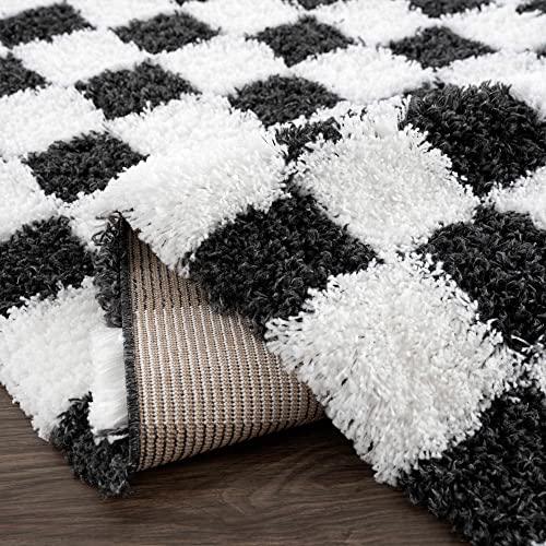 Hauteloom Atira Checkered Shag Runner Rug - Checkboard Design - High Pile Fluffy Shaggy Touch - Square Tiles - Kids Room, Hallway, Bedroom Shag - Black, White - 2'7" X 7'3" #TOP5