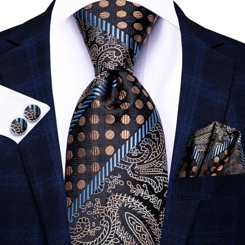 Image of Hi-Tie Paisley Floral Ties Set for Men Silk Mens Stripes Necktie Pocket Square Cufflinks Set Formal Business