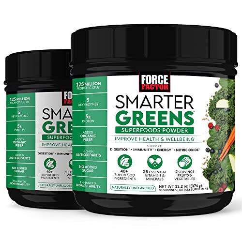 Image of Force Factor Smarter Greens Superfoods Powder for Gut Health & Digestion | Greens Powder with Probiotics, Prebiotics & Digestive Enzymes to Reduce Bloating, Naturally Unflavored, 60 Servings, 2-Pack