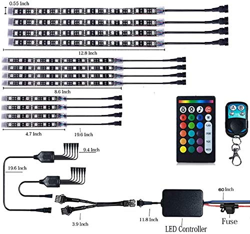DSOW 12Pcs Motorcycle LED Light Kit Strips Multi-Color Accent Glow Neon Ground Effect Atmosphere Lights Lamp with Wireless Remote Controller for Harley Davidson Honda Kawasaki Suzuki (Pack of 12)