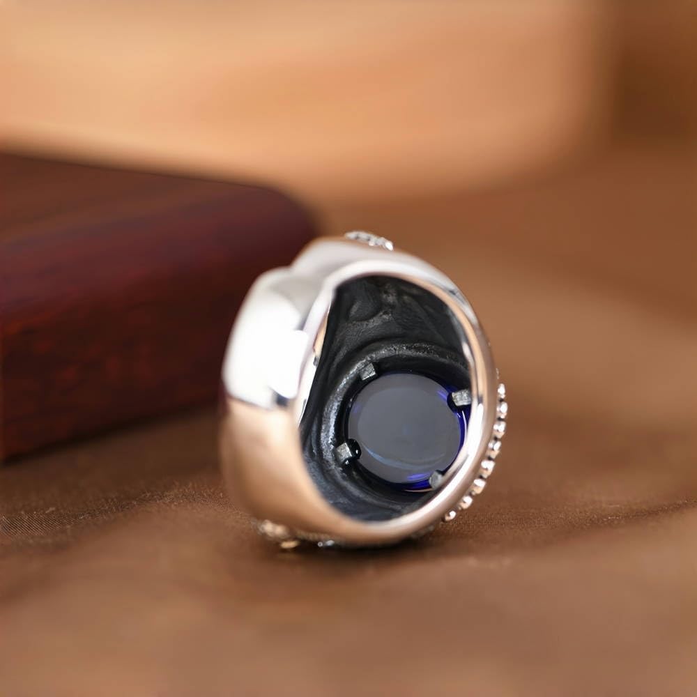 Oktopus Ring für Herren 925 Sterling Silber Seeungeheuer Kraken Tintenfisch Ring mit Blauem Stein Offen Verstellbar