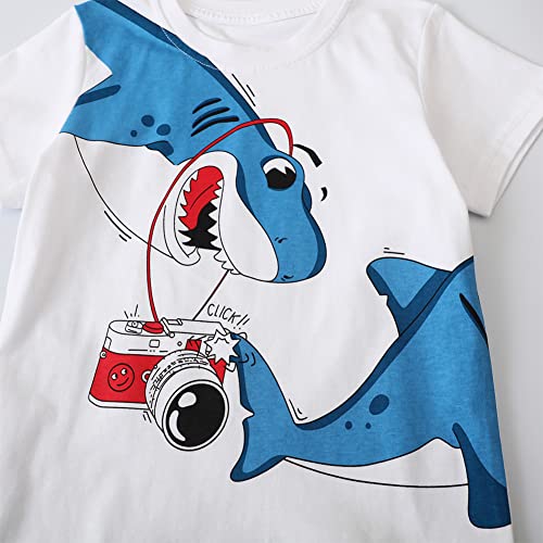 Image of LMYOVE Toddler Boy Short Set Little Boy Clothes Casual CrewNeck Short Sleeve T-Shirt and Short Sets Summer Beach Outfits (3T White and Blue Shark)