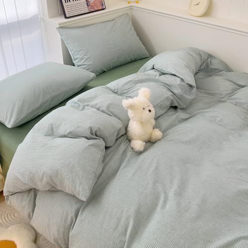 Image of mixinni Green Striped Duvet Cover Full Size - 100% Washed Cotton Pinstripe Comforter Cover with Zipper Closure, Lightweight & Breathable, 3 Pieces Minimalist Stripes Pattern Printed Bedding Set