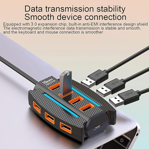 Image of 10 Port USB 2.0 Hub Splitter with Power /Data Port, 5gbps Hi-Speed Data Transfer, Plug and Play, USB Charging Docking Station Gaming Hub for Laptop, Computer (Black-Round) (10 Port (Flat))