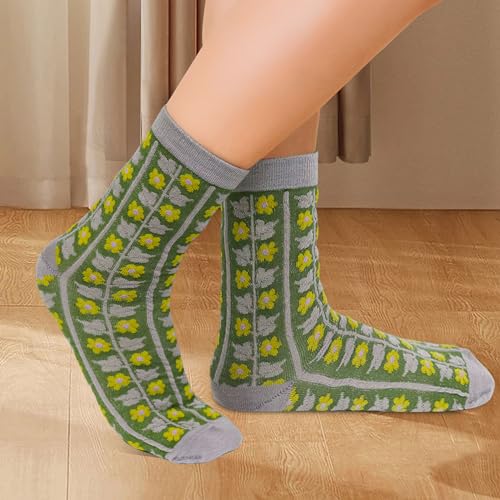 Image of 5 Pairs Vintage Patterned Crew Socks Floral Cotton Socks Warm Socks Thick Soft Socks Gifts for Women