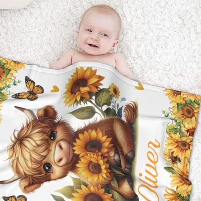 Ship Next Day,Custom Baby Highland Cow Blanket,Personalized Highland Cow Blanket with Name for Girls Boys,Christmas Brithday Gifts for Baby Shower Kids Toddlers Newborn