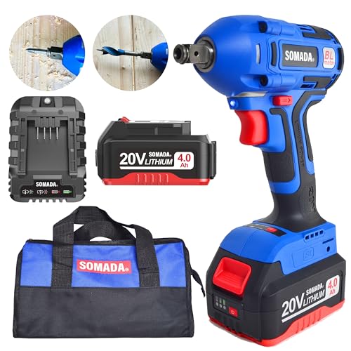SOMADA Cordless Power Impact Wrench Gun, ½ Inch for Car, Home, and DIY Tool Kit with 20V 4.0A Li-ion Battery with Fast Charger, Built-in 1/4 Inch Socket, Gift for Men