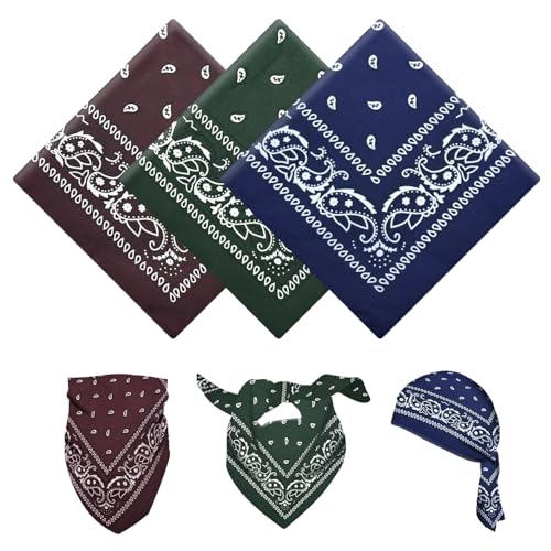 YAWYO Lot de 3 Bandanas, Écharpe Polyvalente à Motif Cachemire, Bandeaux ou Foulards Unisexes pour Hommes et Femmes, Accessoires Cowboy (Vert Foncé, Café,...