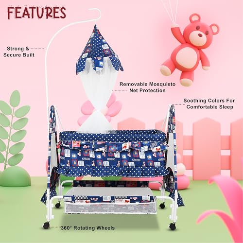 Image of New Born Baby Soft Seat Cradle with Swing and Mosquito Net, Four Wheels with Brake Lock for Swing Cradle /Jhula /Palna /Bed /Baby Safe for 0-2 Years (Dark Blue)