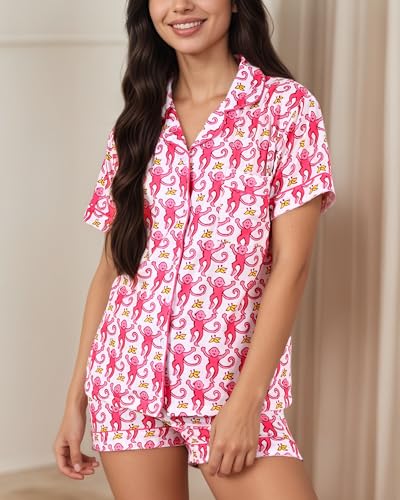 Womens 2 Piece Pajamas Set, Monkey Print Soft Button Down Vacation Beach Shorts Set Y2k Preppy Loungewear Pjs4