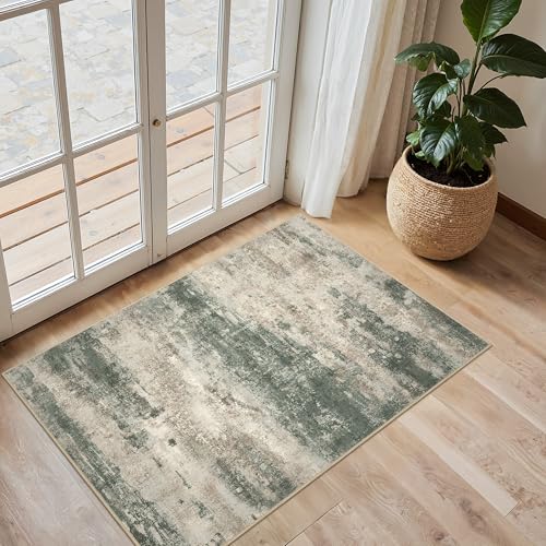 Image of BEIMO 2x3 Rugs for Entryway Entrance Kitchen Bathroom, Machine Washable Modern Abstract Soft Area Rug, Indoor Floor Carpet with Non Slip Rubber Backing, Grey /Dark Green
