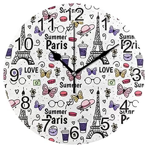 Wall Clock 10" Silent Non Ticking Arabic Numeral Clock Round Decorative Wall Clock for Living Room, Bedroom, Kitchen (Battery Not Included),Paris Eiffel Tower Wall Spring Valentine Love Cover