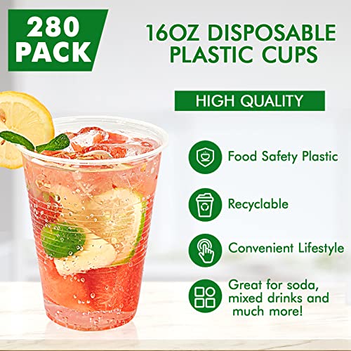 Turbo Bee 280 Pack 16Oz Clear Disposable Plastic Cups,Cold/Hot Drinking Cups,Transparent Plastic Party Container For Water, Iced Cold Coffee, Juice, Soda #TOP2