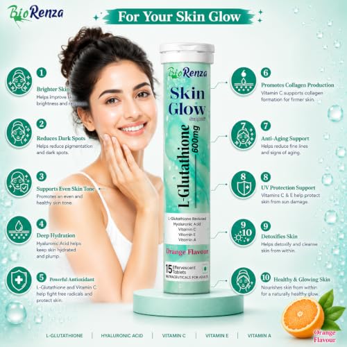 Image of Skin Glow Support L-Glutathione 600mg Effervescent Tablets, Orange Flavour, with Hyaluronic Acid, Vitamin C, E & A, 15 Tablets (1)