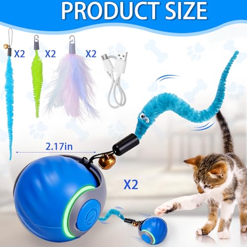Image of BABORUI 2Pack Blue Interactive Cat Toy Ball - Automatic Interactive Cat Toys for Indoor Cats with 3 Tails, 2 Speeds Rechargeable Enrichment for Small /Medium /Large to Keep Them Busy