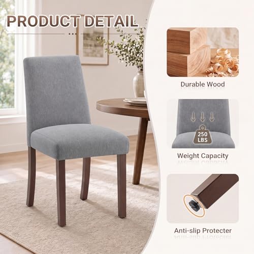 Image of Upholstered Dining Chairs Set of 2, Mid-Century Dining Room Chairs with Wooden Legs, Farmhouse Fabric Parsons Chairs for Small Space Restaurant & Cafe- Gray