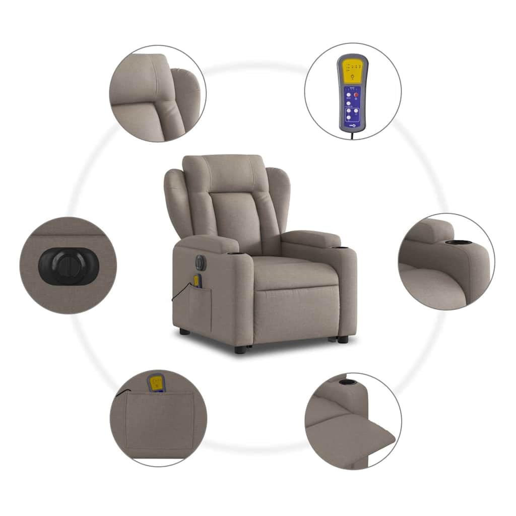 Sillón elevador eléctrico reclinable de tela gris con 6 puntos de vibración, función de elevación e inclinación de 135°, portavasos y bolsillo