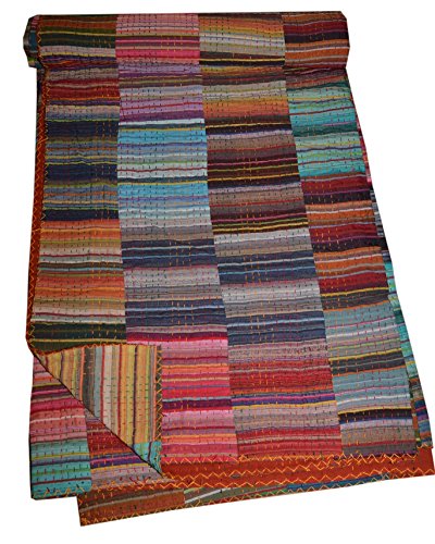 Tribal Asian Textiles Kantha-Steppdecke, indisches Muster, Ethno-Stil, gestreift, traditionelles Patchwork, handgefertigt, Kantha-Steppdecke, Überwurf, Decke