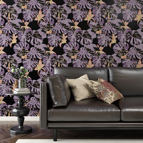 Black and Purple Tropical Wallpaper Floral Peel and Stick Wallpaper Botanical Countertop Contact Paper Vinyl Accent Wall Paper Roll Flower Wallpapers Mural Bedroom Bathroom Walls Cabinets by Wallderful - Image 3