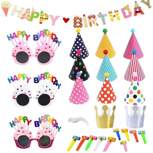 WNXBFO 25 PCS Pack with Happy Birthday Banners, Crown Party Hat Glasses, Party Blowers for Boys, Girls, Kids, Adults Decoration