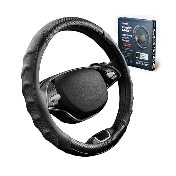 Carbon Fiber Steering Wheel Cover – Universal 15 Inch (14.5-15″) – Non Slip Leather Grip with Gel Comfort Padding – Sporty Breathable Design for Cars, SUVs & Trucksluxury Steering Wheel Cover