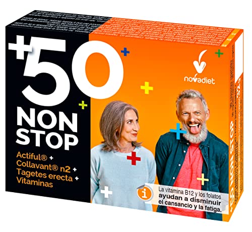 Novadiet - +50 NON STOP Cápsulas con Vitaminas B12, B6, Folatos, Aciful, Covallant, Tagetes Erecta, Reduce Cansancio y Fatiga, Mejora Flujo Sanguíneo, Función Cardiovascular y Cerebral - 30 Cápsulas