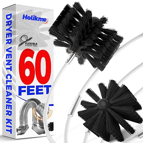Holikme 60 Feet Dryer Vent Cleaner Kit,Lint Remover Flexible Brush And Drill Attachment Extends Up To 60Feet, 2 Synthetic Brush Head Use With Or Without A Power Drill #TOP12