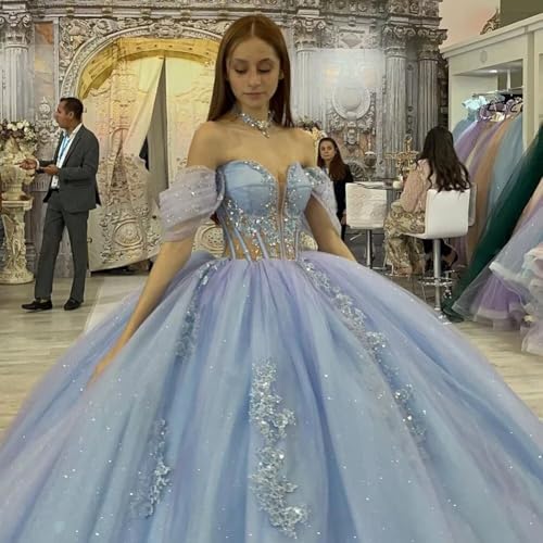 Asulla Lace Appliques Quinceanera Prom Dress with Train Off Shoulder Shiny Formal Evening Ball Gowns Sweet 15 163