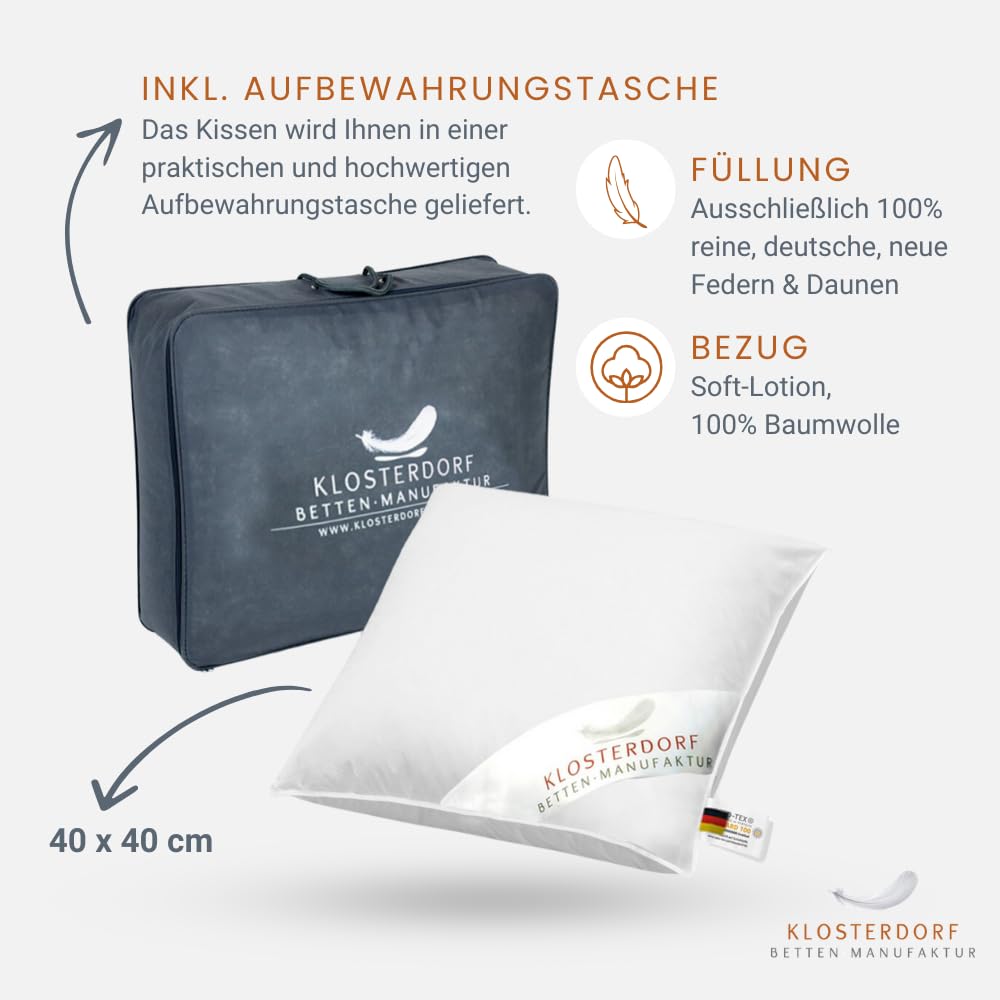 Klosterdorf Bettenmanufaktur Premium Kopfkissen ''fritzchen'' - 40x40 cm - 200 Gramm - Handarbeit aus Deutschland