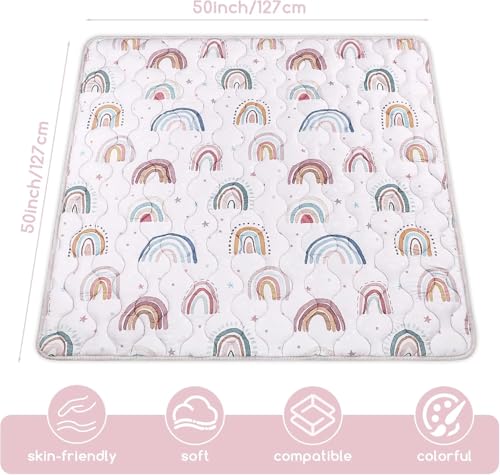 Baby Play Mat for Floor, 127x127 cm Playpen Padded Mat for Baby, Soft Infant Tummy Time Crawling Mat,Anti Slip, Pink Rainbow - Image 2